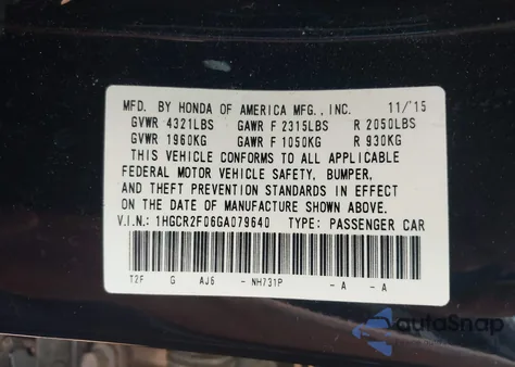 2016 Honda Accord Ex из США, поврежденный, VIN 1HGCR2F06GA079640